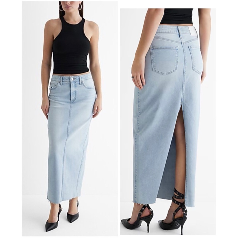 Express NWT High Waisted Raw Hem Back Slit Maxi Denim Skirt Size 10
